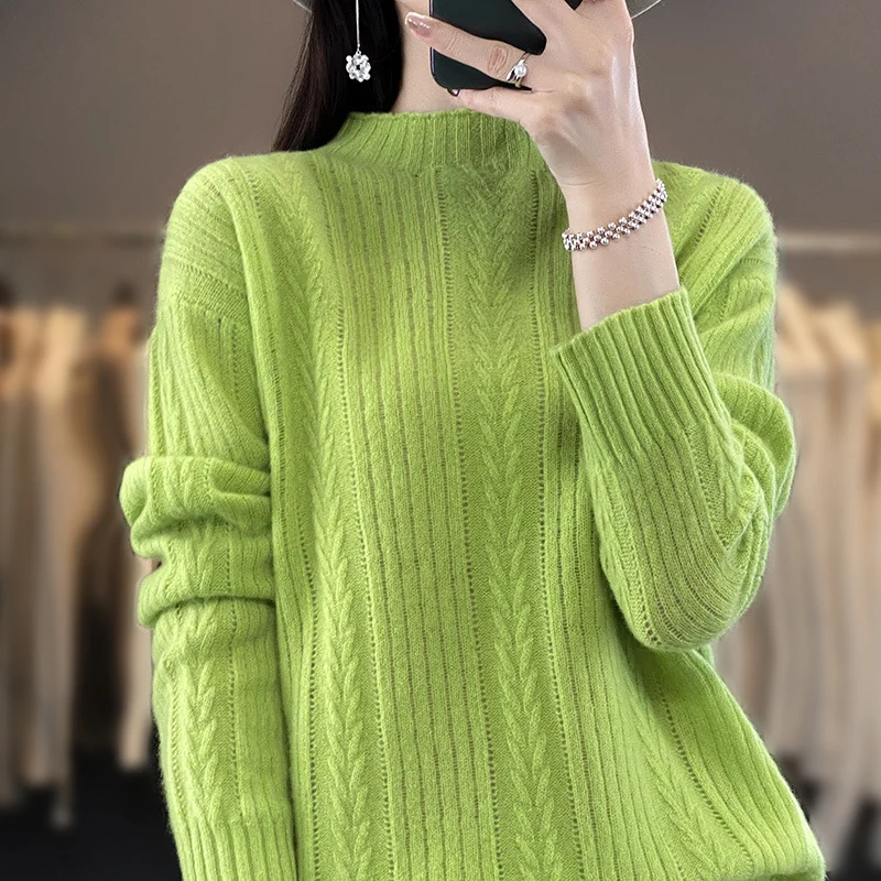 Damen Kaschmirähnlicher Feinstrick-Mockneckpullover mit Ajour‑Zopfmuster und lässiger Oversize‑Passform Nord Taschen