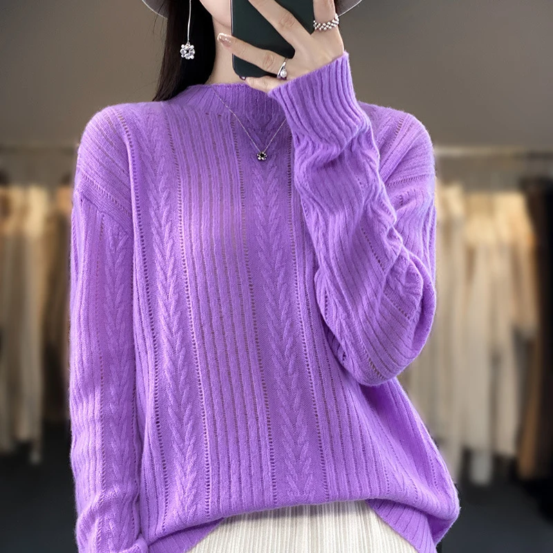 Damen Kaschmirähnlicher Feinstrick-Mockneckpullover mit Ajour‑Zopfmuster und lässiger Oversize‑Passform Nord Taschen