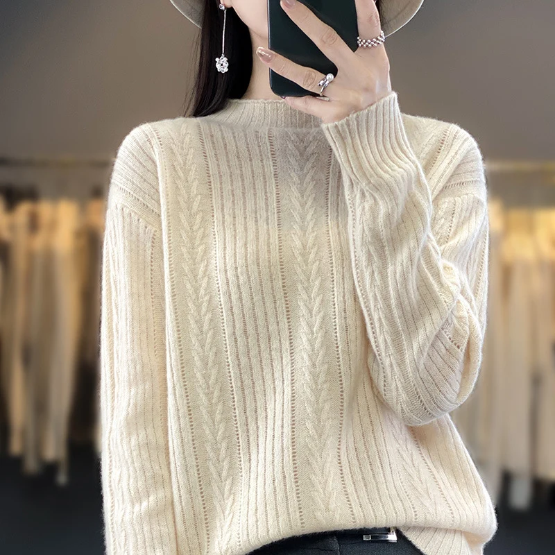 Damen Kaschmirähnlicher Feinstrick-Mockneckpullover mit Ajour‑Zopfmuster und lässiger Oversize‑Passform Nord Taschen