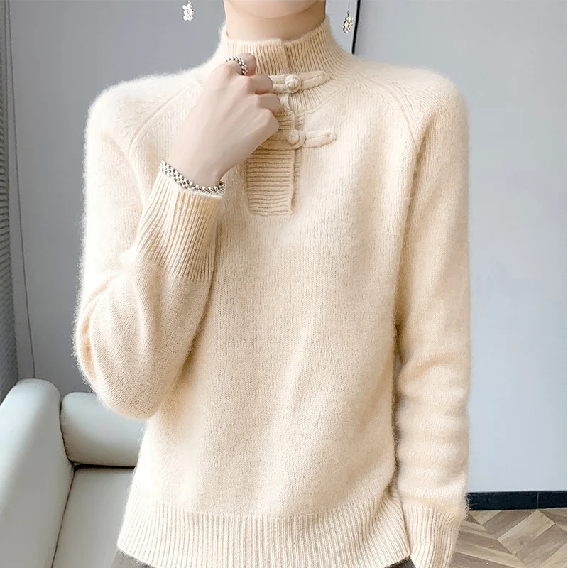 Damen Kaschmir‑Optik Mockneckpullover mit dekorativer KnNord Taschenelknopfblende Nord Taschen