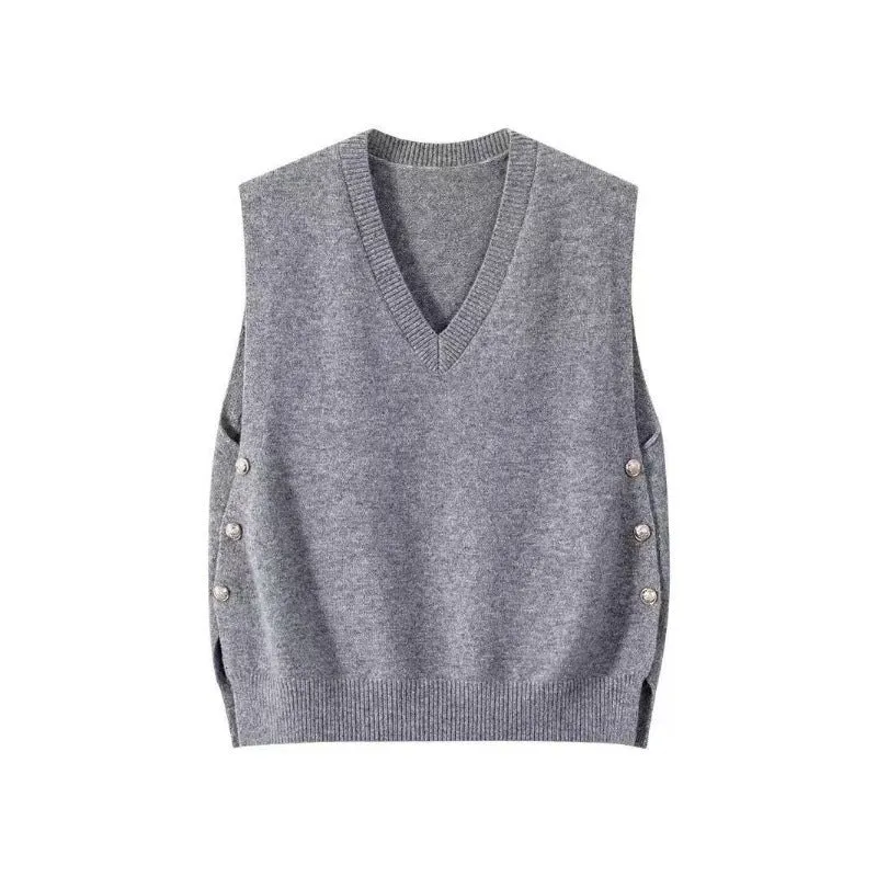 Damen Ärmellose Feinstrick‑Weste mit V‑Ausschnitt und seitlicher Knopfleiste Nord Taschen