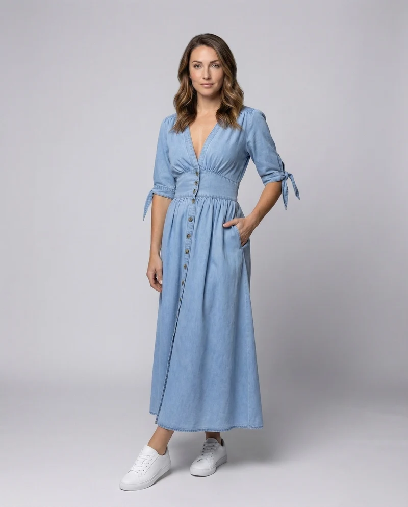 Damen Denim-Maxikleid Schleifenärmel V-Ausschnitt