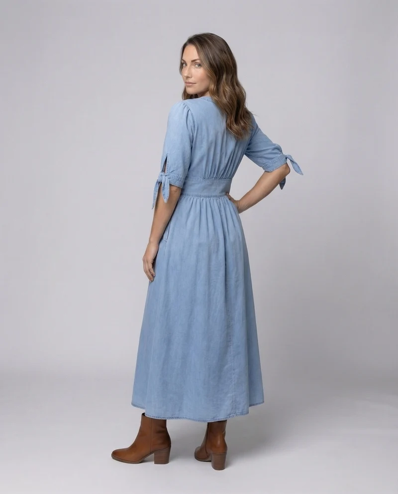 Damen Denim-Maxikleid Schleifenärmel V-Ausschnitt