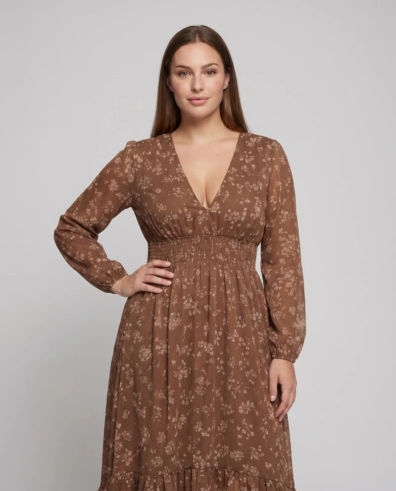 Damen Boho-Midikleid Smokbund Stufenvolant Tiefer V-Ausschnitt