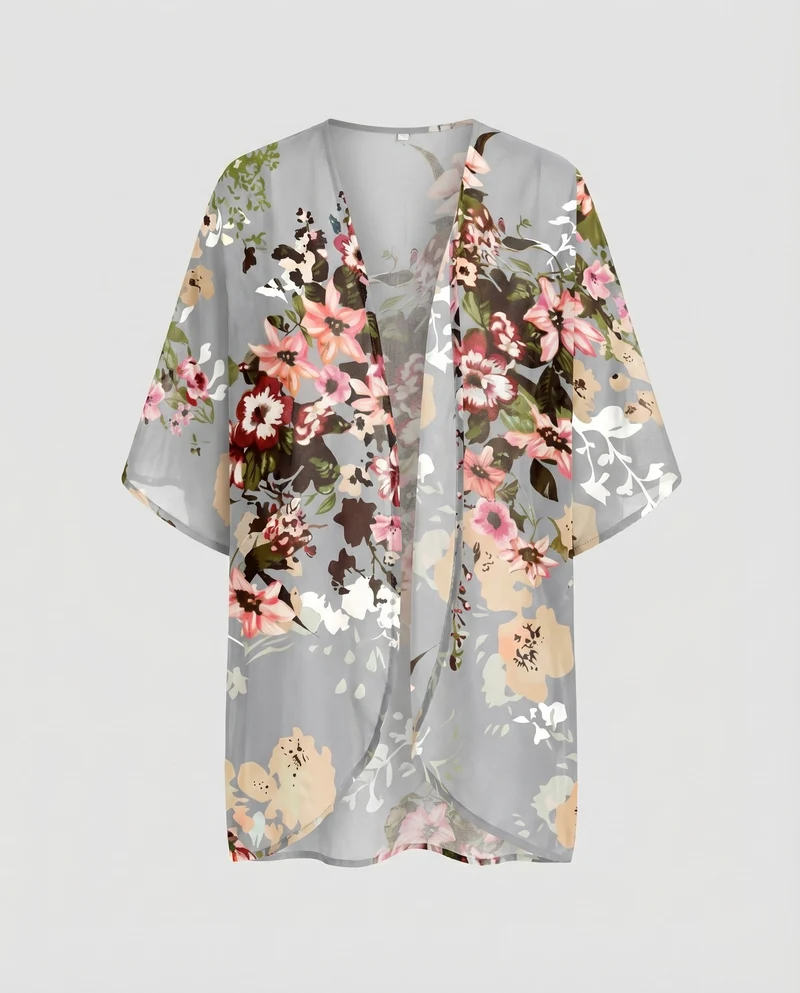Damen Chiffon-Kimono-Überwurf Floraler Druck Fledermausärmel Offen