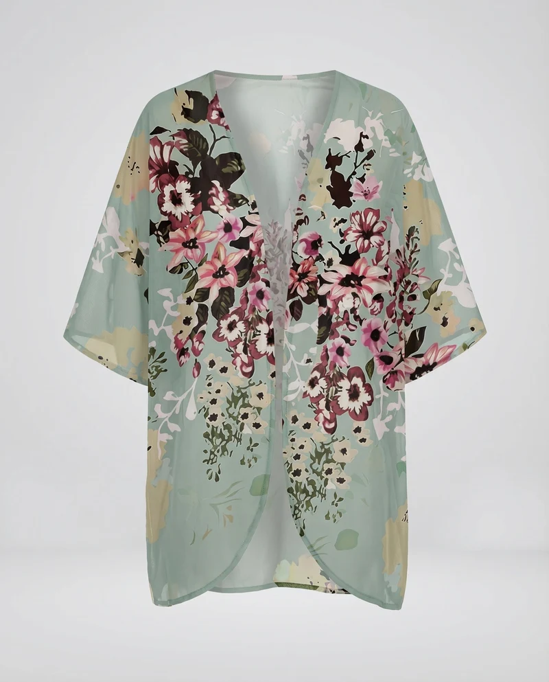 Damen Chiffon-Kimono-Überwurf Floraler Druck Fledermausärmel Offen
