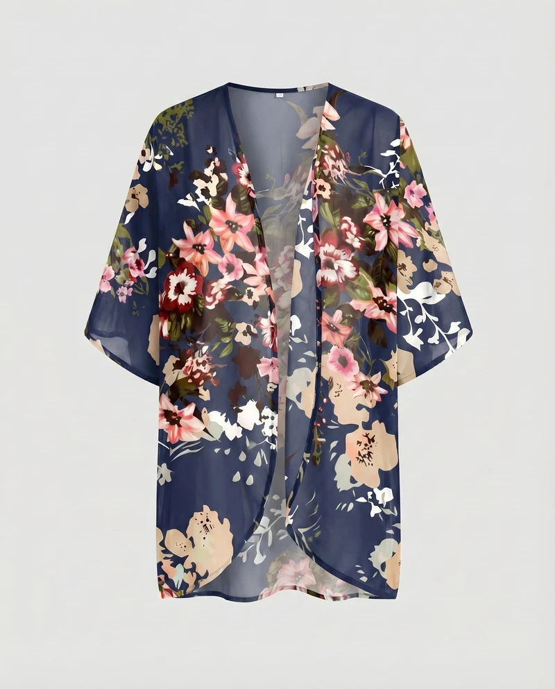 Damen Chiffon-Kimono-Überwurf Floraler Druck Fledermausärmel Offen