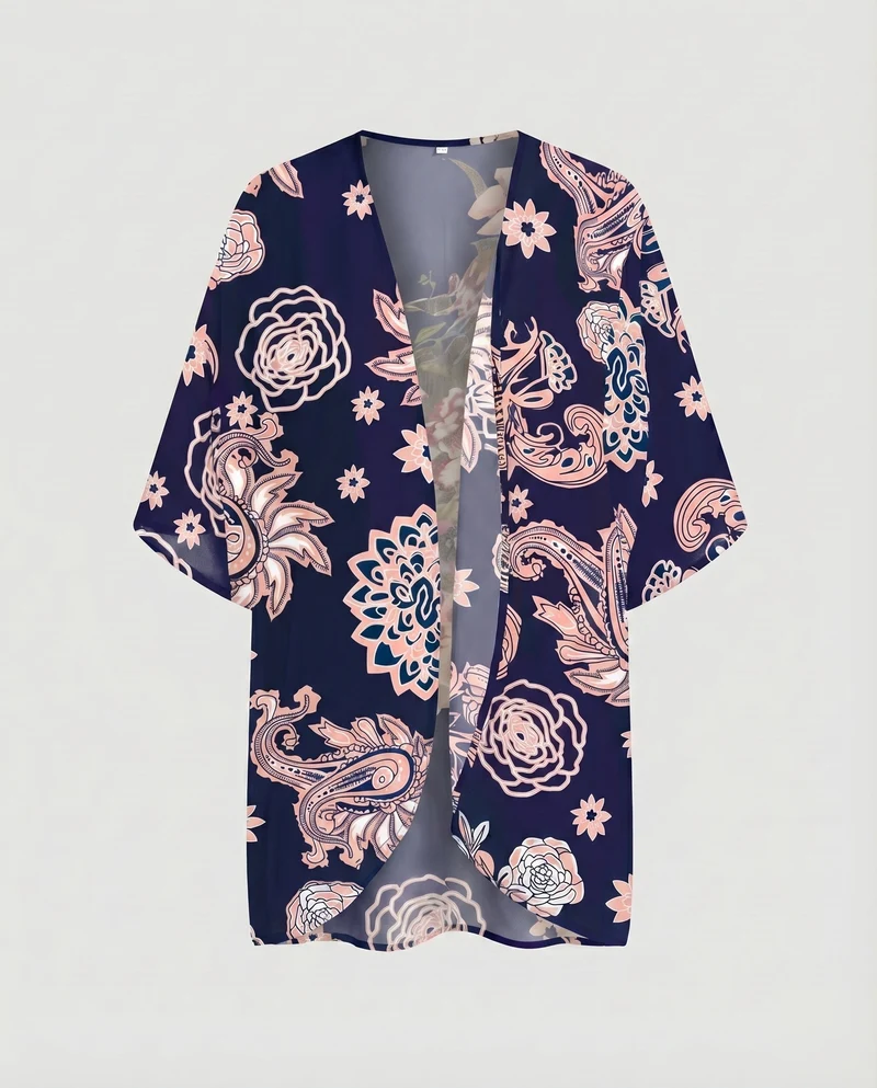 Damen Chiffon-Kimono-Überwurf Floraler Druck Fledermausärmel Offen