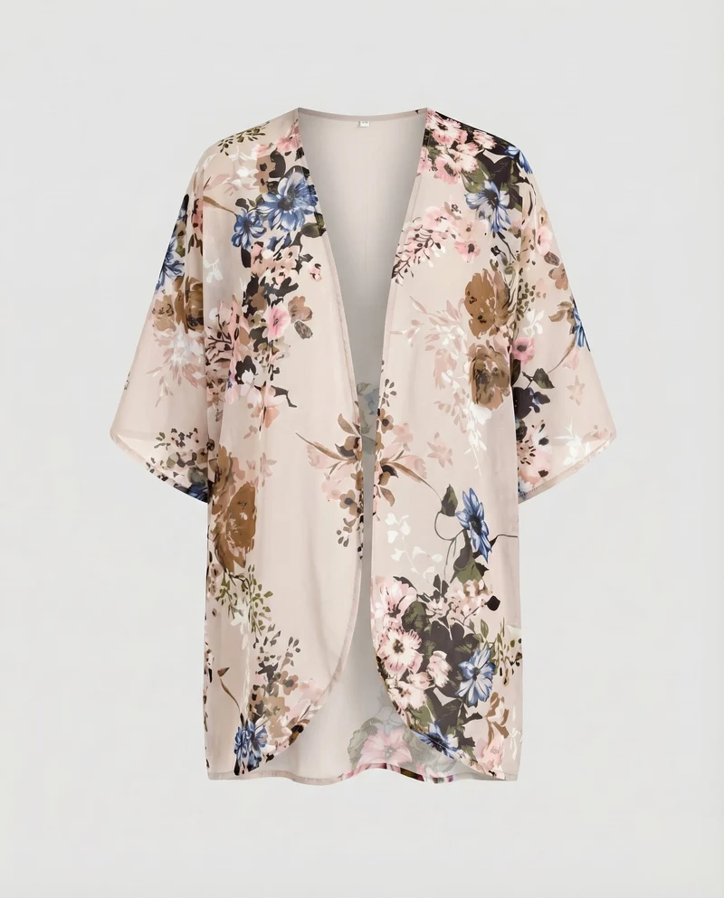 Damen Chiffon-Kimono-Überwurf Floraler Druck Fledermausärmel Offen