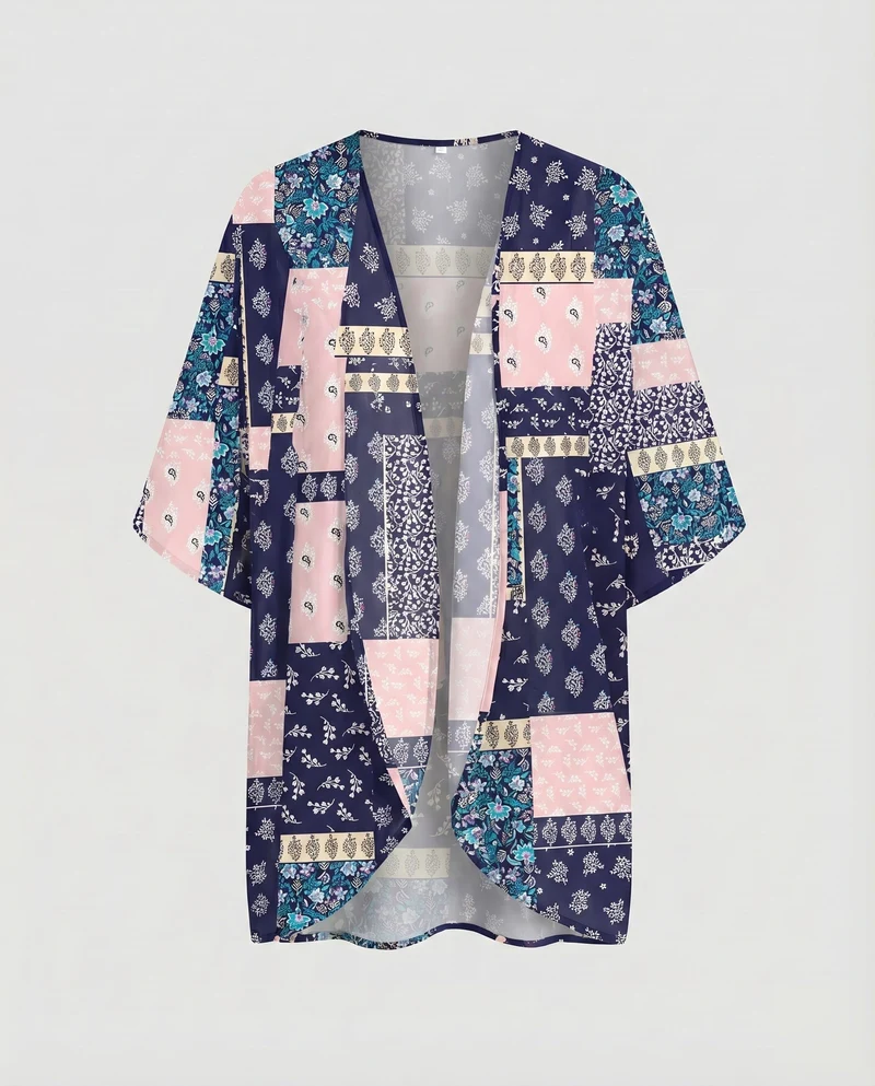 Damen Chiffon-Kimono-Überwurf Floraler Druck Fledermausärmel Offen