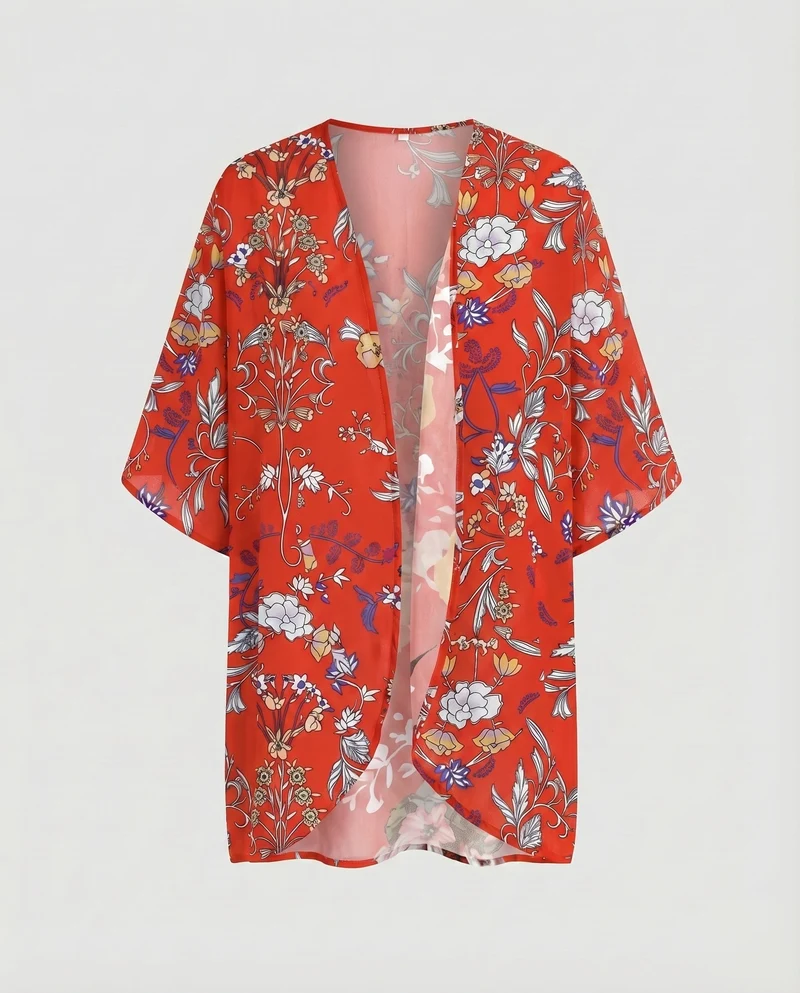 Damen Chiffon-Kimono-Überwurf Floraler Druck Fledermausärmel Offen