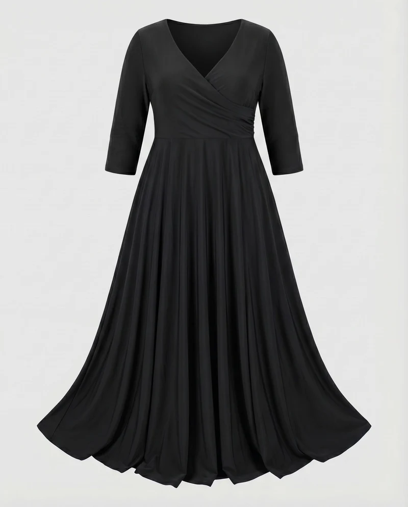 Damen Maxikleid Wickeloberteil Empire-Taille Faltenrock Große-Größen