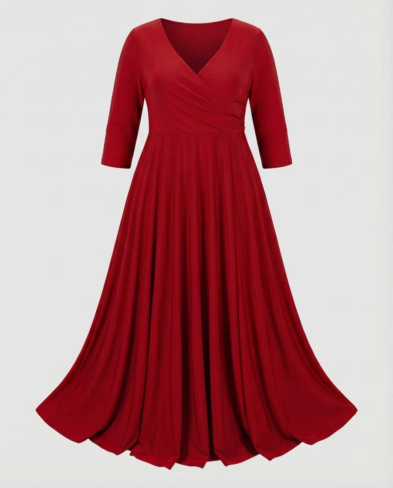 Damen Maxikleid Wickeloberteil Empire-Taille Faltenrock Große-Größen