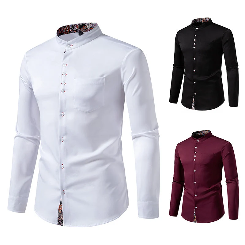 Herren Langarm Hemd mit modernem Stehkragen und Paisleymuster