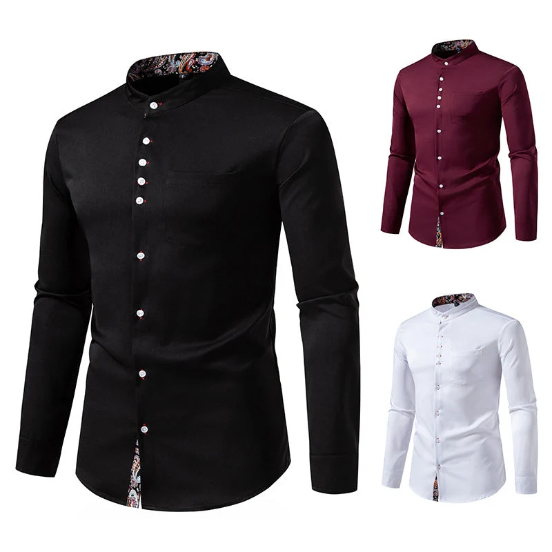 Herren Langarm Hemd mit modernem Stehkragen und Paisleymuster
