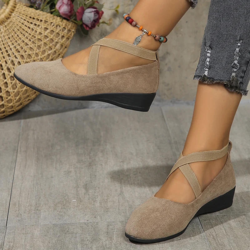 Damen elegante Wedge-Pantoletten mit überkreuzten Riemen und komfortablem Fußbett