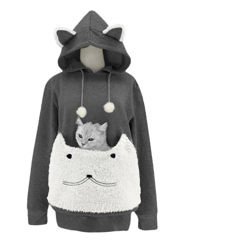 Damen Kuscheliger Kapuzenpullover mit Katzenmotiv und praktischer Känguru-Tasche Avellé