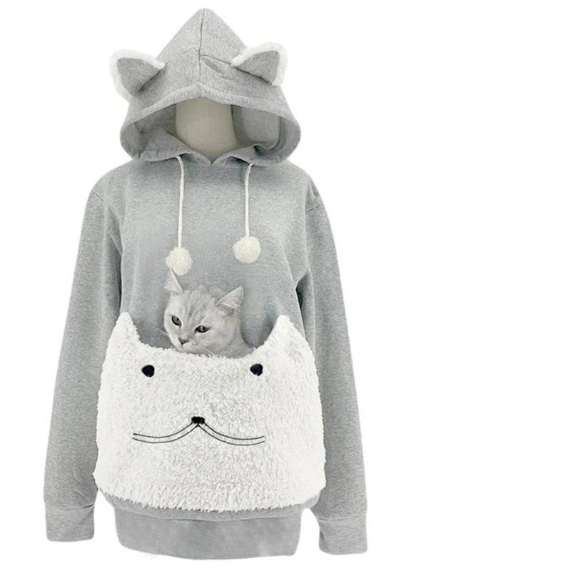 Damen Kuscheliger Kapuzenpullover mit Katzenmotiv und praktischer Känguru-Tasche Avellé