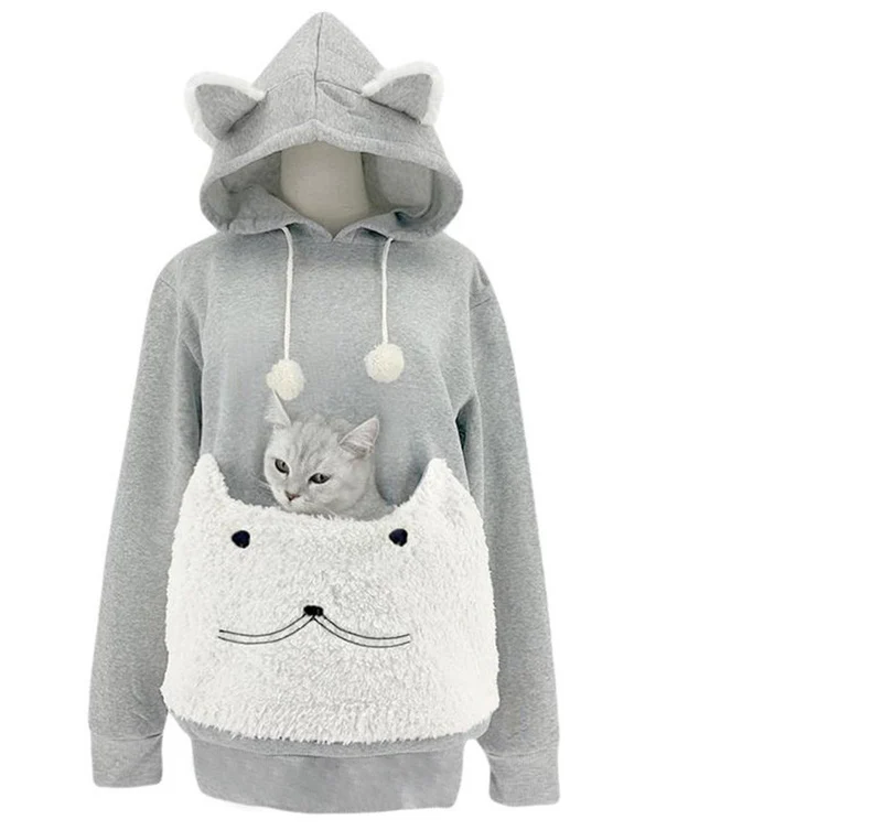 Damen Kuscheliger Kapuzenpullover mit Katzenmotiv und praktischer Känguru-Tasche Avellé
