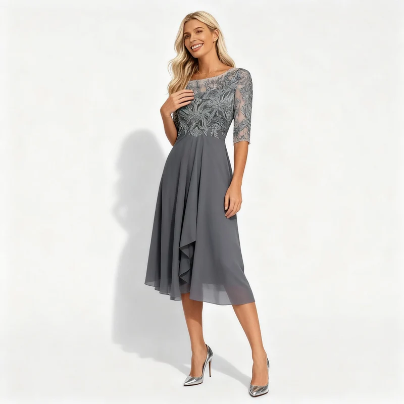 Damen Feminin Fallendes Chiffon Midikleid mit Fließendem Schnitt - Vittorelli