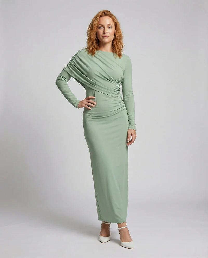 Damen Edle Plissierte Drapierung MischgewNord Taschene Abendkleid