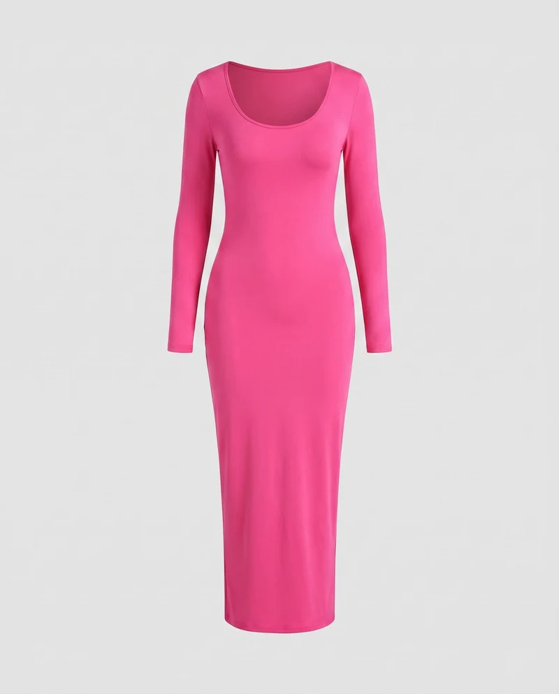 Damen Stretch-Jersey-Kleid Rundhalsausschnitt Langarm Knöchellang