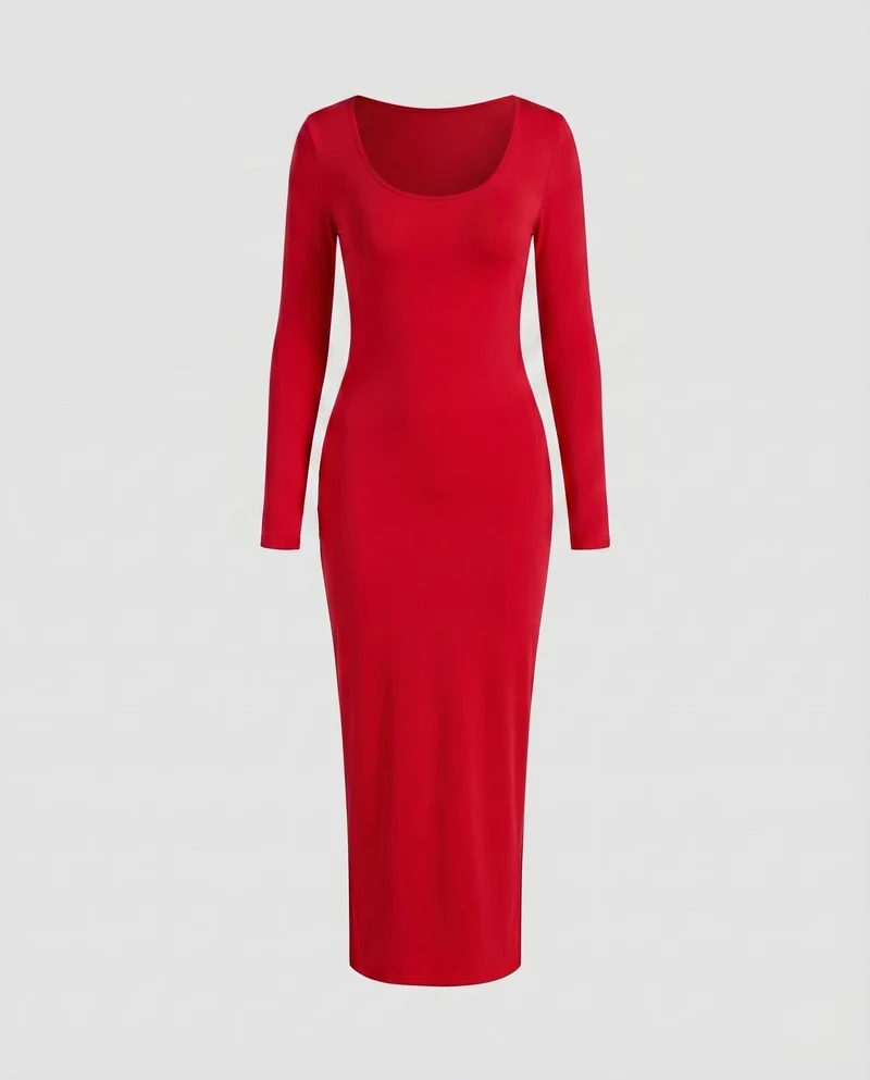 Damen Stretch-Jersey-Kleid Rundhalsausschnitt Langarm Knöchellang