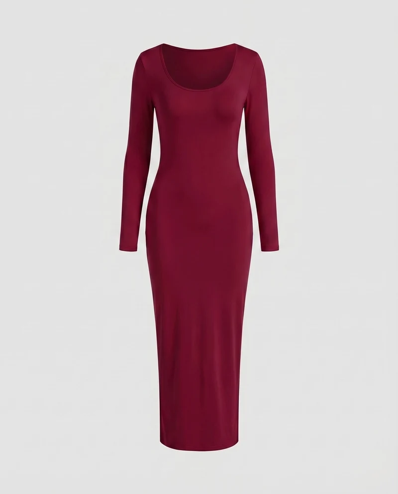 Damen Stretch-Jersey-Kleid Rundhalsausschnitt Langarm Knöchellang