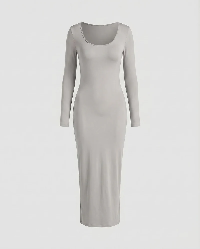 Damen Stretch-Jersey-Kleid Rundhalsausschnitt Langarm Knöchellang