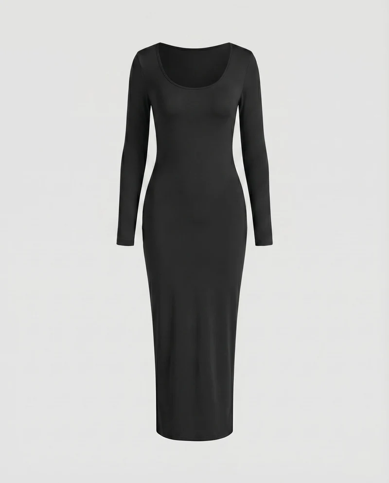 Damen Stretch-Jersey-Kleid Rundhalsausschnitt Langarm Knöchellang