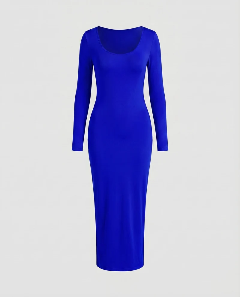 Damen Stretch-Jersey-Kleid Rundhalsausschnitt Langarm Knöchellang