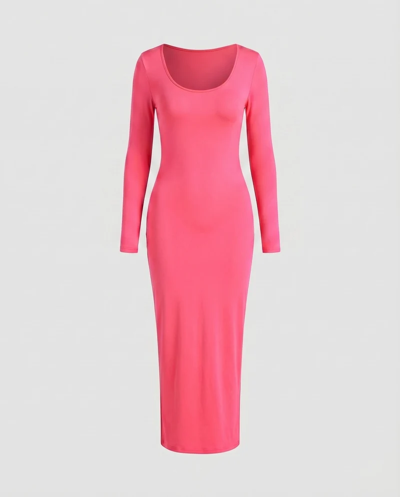 Damen Stretch-Jersey-Kleid Rundhalsausschnitt Langarm Knöchellang