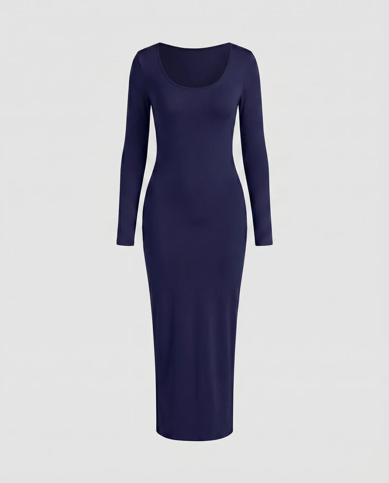 Damen Stretch-Jersey-Kleid Rundhalsausschnitt Langarm Knöchellang