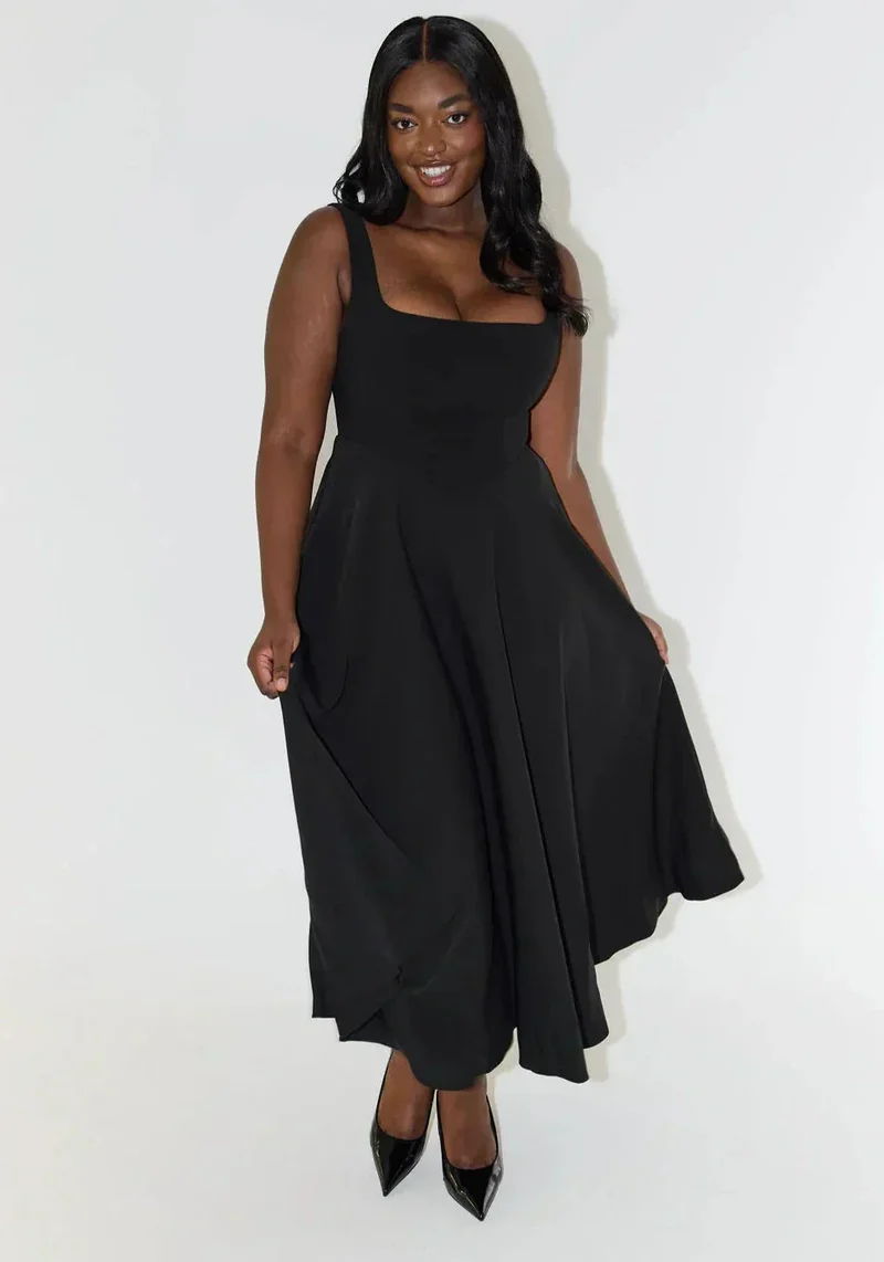 Midi-Kleid mit Hoher Taille und Quadrat-Ausschnitt