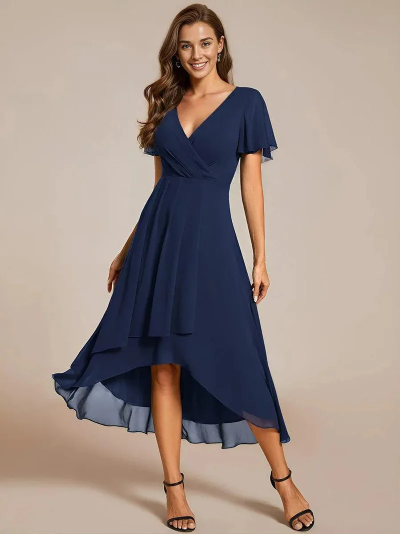 Damen elegantes Midikleid mit fließendem Stoff und asymmetrischen Ärmeln