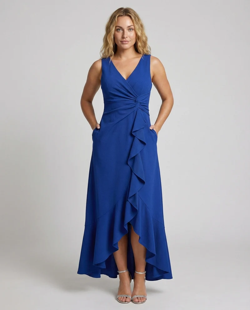 Damen Wickel-Maxikleid Ärmellos V-Ausschnitt Beinschlitz