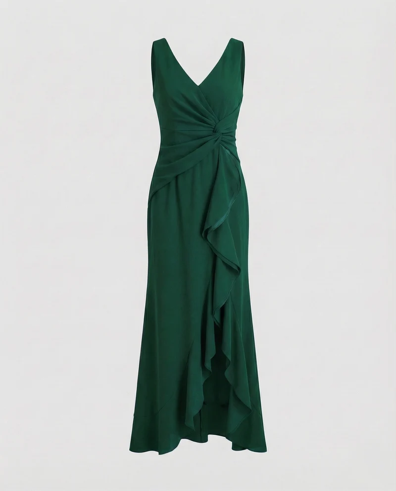 Damen Wickel-Maxikleid Ärmellos V-Ausschnitt Beinschlitz