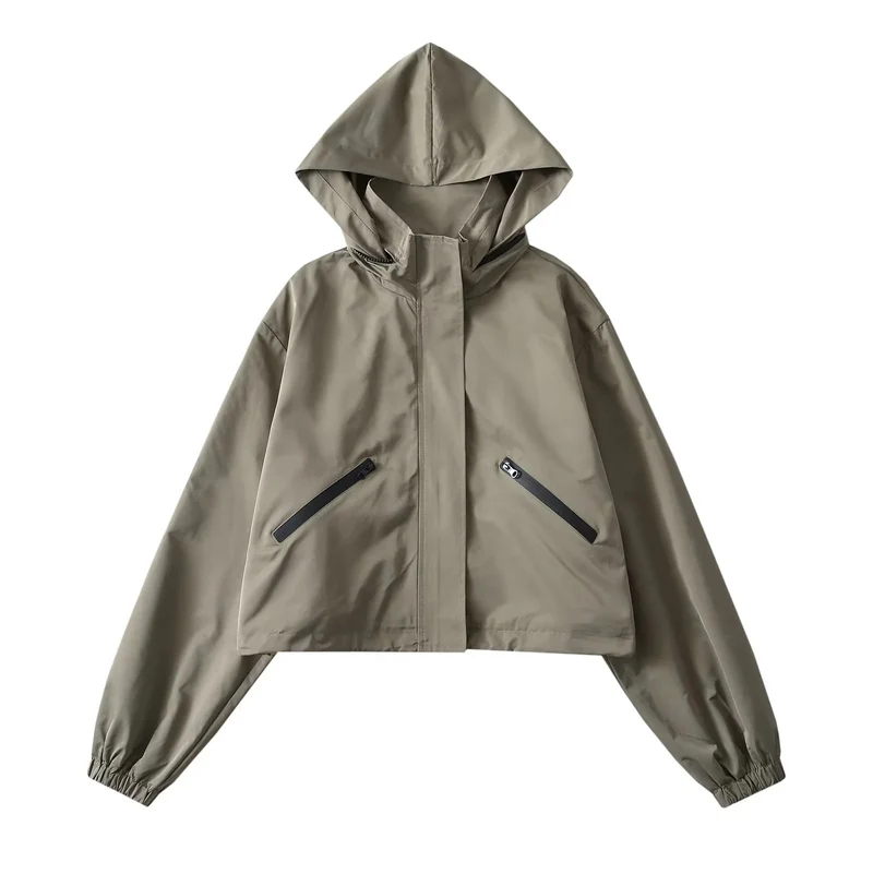 Damen Cropped Regenjacke mit Kapuze, wasserabweisender Tech‑Qualität und schrägen Reißverschlusstaschen Nord Taschen