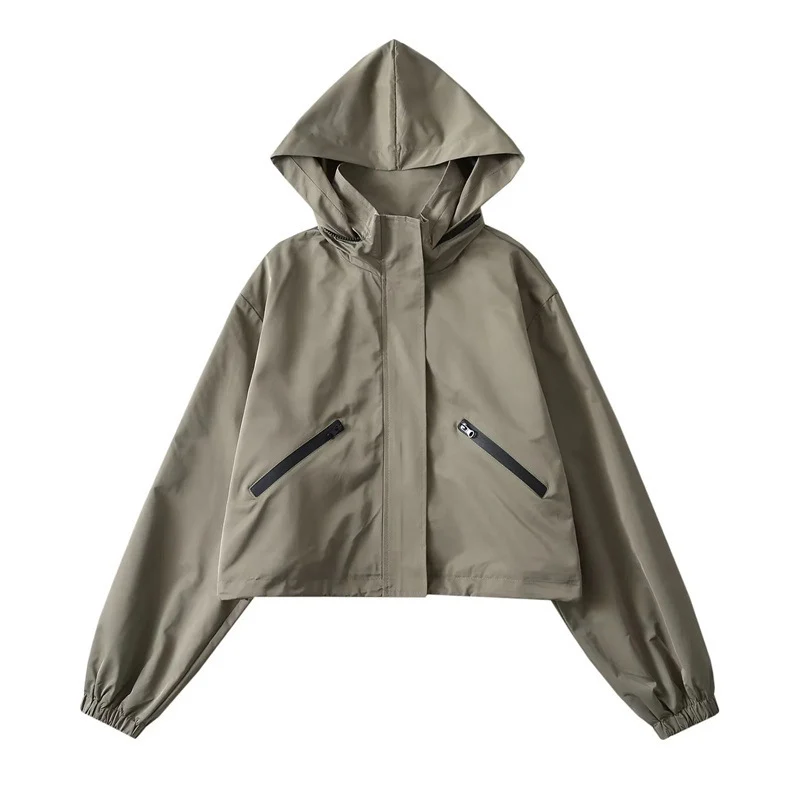 Damen Cropped Regenjacke mit Kapuze, wasserabweisender Tech‑Qualität und schrägen Reißverschlusstaschen Nord Taschen