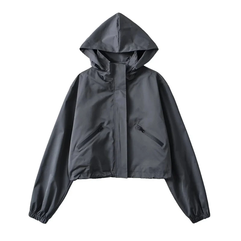Damen Cropped Regenjacke mit Kapuze, wasserabweisender Tech‑Qualität und schrägen Reißverschlusstaschen Nord Taschen