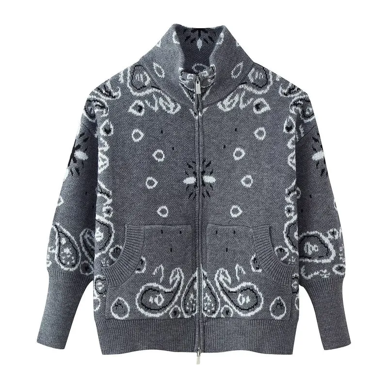 Damen 40+ gemusterte Strickjacke mit Reißverschluss und Stehkragen Nord Taschen