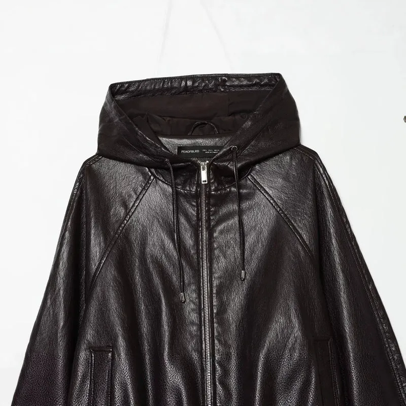 Damen Kapuzen-Leder-Bomberjacke mit Reißverschluss, Kordelzug und elastischem Saum Nord Taschen