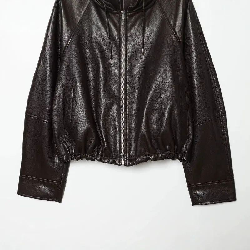 Damen Kapuzen-Leder-Bomberjacke mit Reißverschluss, Kordelzug und elastischem Saum Nord Taschen