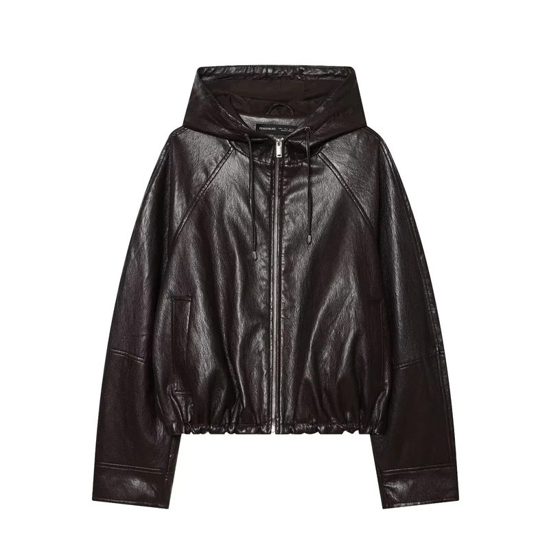 Damen Kapuzen-Leder-Bomberjacke mit Reißverschluss, Kordelzug und elastischem Saum Nord Taschen
