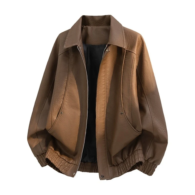 Herren Oversize Kunstleder-Bomberjacke mit Reißverschluss, elastischem Saum und Eingrifftaschen Nord Taschen