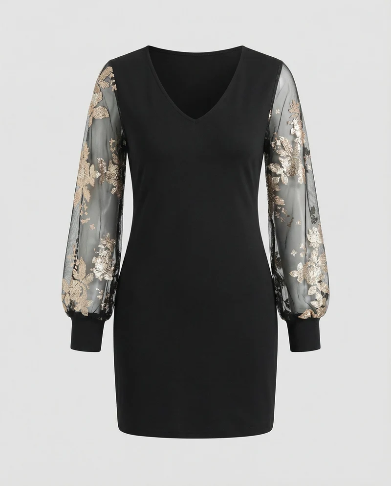Schwarzes Blumen Mesh Midikleid