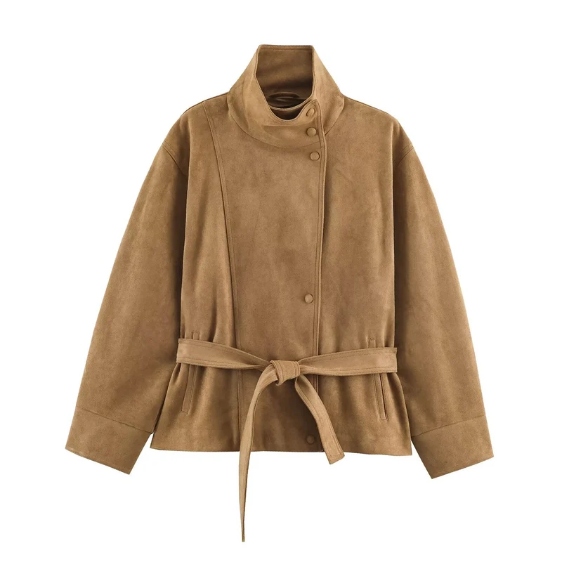 Damen Kurzjacke aus Velourslederoptik mit Stehkragen und Bindegürtel Nord Taschen
