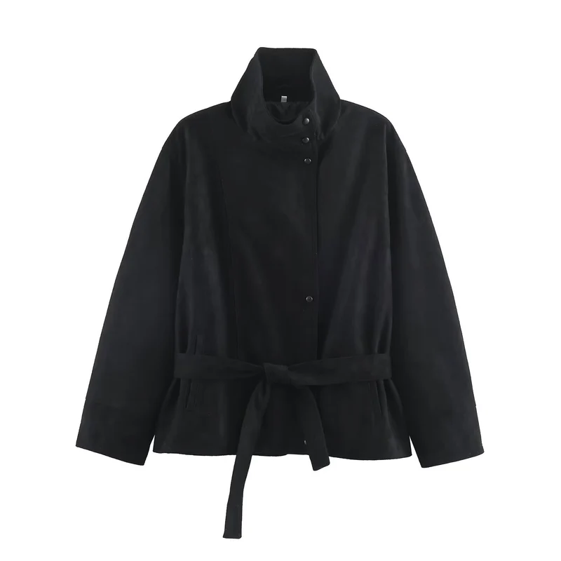Damen Kurzjacke aus Velourslederoptik mit Stehkragen und Bindegürtel Nord Taschen