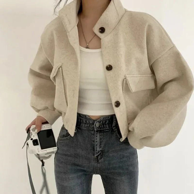 Damen cropped Bomberjacke mit voluminösen Ärmeln und praktischen Taschen - Arvani