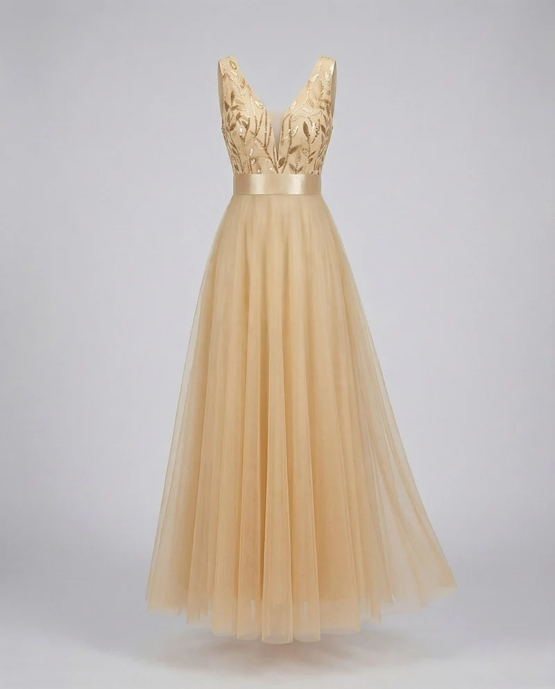 Abendkleid lang aus Tüll mit Stickerei